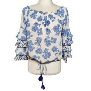 Vintage Havana Women's Size Small Blouse Blue Floral Tie Front Tiered Sleeve